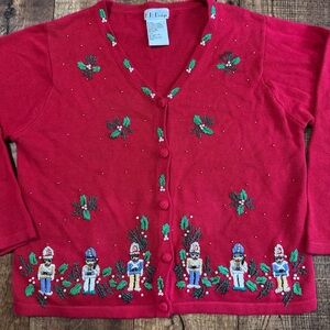 Vintage Red Christmas Cardigan with Nutcracker Design Sz Lg holiday